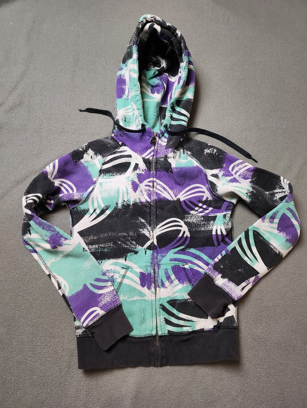 Women's Abstract Print Zip Hoodie Sweater - Purple, Teal, Black